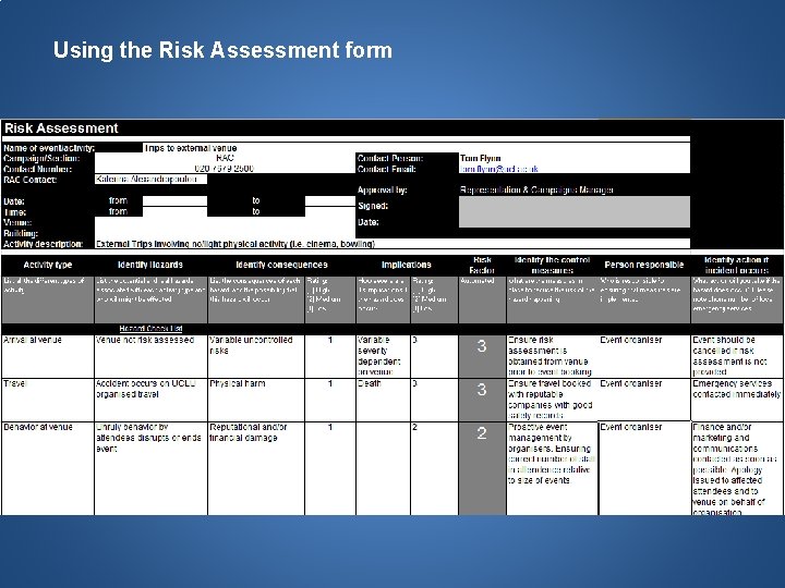 Using the Risk Assessment form 