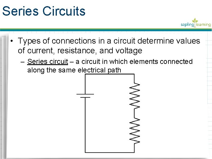 Series Circuits • Types of connections in a circuit determine values of current, resistance, Series Circuits • Types of connections in a circuit determine values of current, resistance,