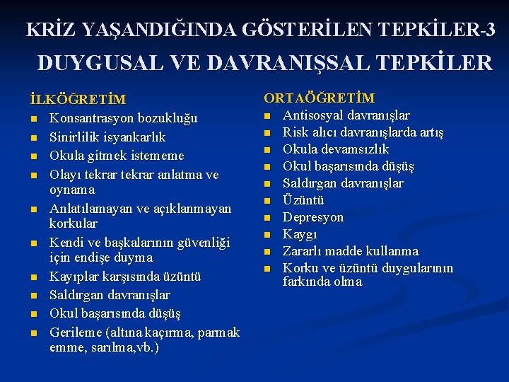 KRİZ YAŞANDIĞINDA GÖSTERİLEN TEPKİLER-3 DUYGUSAL VE DAVRANIŞSAL TEPKİLER İLKÖĞRETİM n Konsantrasyon bozukluğu n Sinirlilik