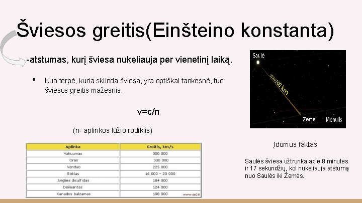 Šviesos greitis(Einšteino konstanta) -atstumas, kurį šviesa nukeliauja per vienetinį laiką. • Kuo terpė, kuria