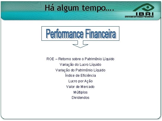 Há algum tempo…. ROE – Retorno sobre o Patrimônio Líquido Variação do Lucro Líquido