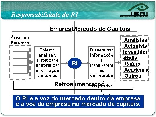 Responsabilidade do RI Empresa. Mercado de Capitais Áreas da Empresa Coletar, analisar, sintetizar e