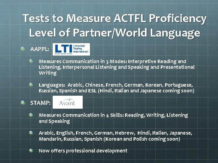 Tests to Measure ACTFL Proficiency Level of Partner/World Language AAPPL: Measures Communication in 3