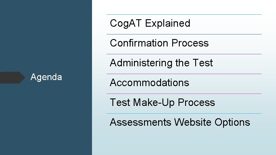 Cog. AT Explained Confirmation Process Administering the Test Agenda Accommodations Test Make-Up Process Assessments