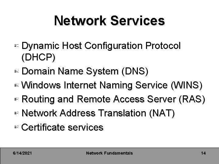Network Services Dynamic Host Configuration Protocol (DHCP) Domain Name System (DNS) Windows Internet Naming Network Services Dynamic Host Configuration Protocol (DHCP) Domain Name System (DNS) Windows Internet Naming