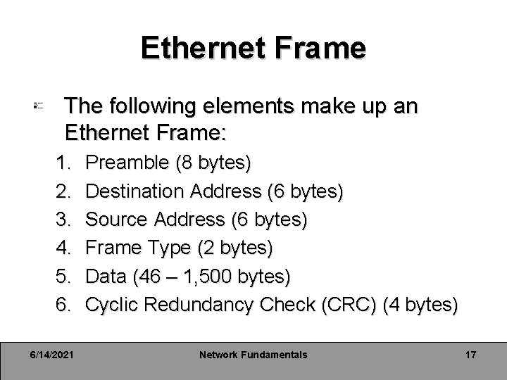Ethernet Frame The following elements make up an Ethernet Frame: 1. 2. 3. 4. Ethernet Frame The following elements make up an Ethernet Frame: 1. 2. 3. 4.