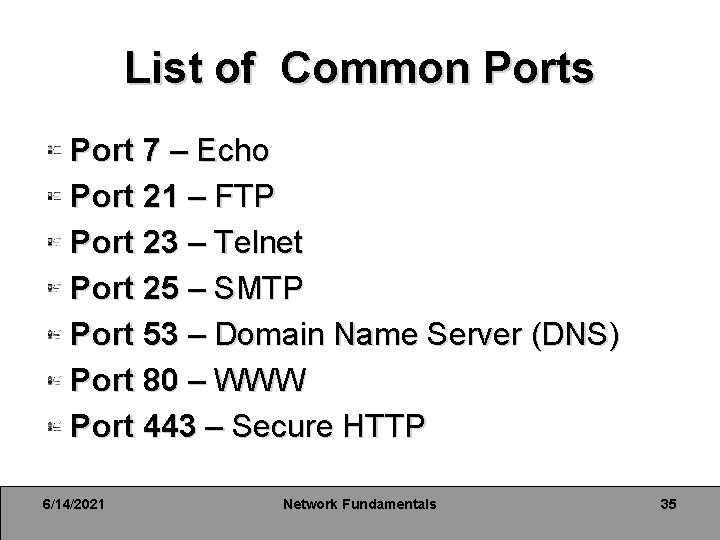 List of Common Ports Port 7 – Echo Port 21 – FTP Port 23 List of Common Ports Port 7 – Echo Port 21 – FTP Port 23