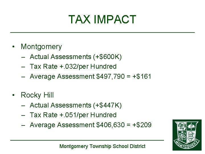 TAX IMPACT • Montgomery – Actual Assessments (+$600 K) – Tax Rate +. 032/per