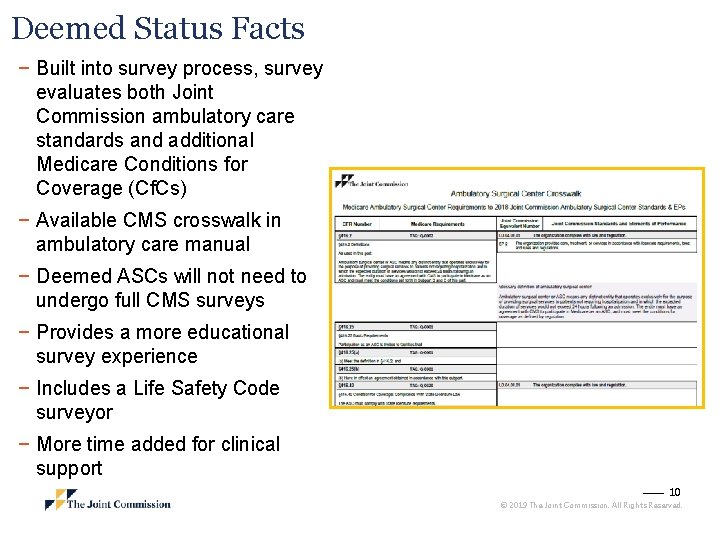 Deemed Status Facts − Built into survey process, survey evaluates both Joint Commission ambulatory