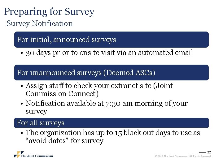 Preparing for Survey Notification For initial, announced surveys • 30 days prior to onsite