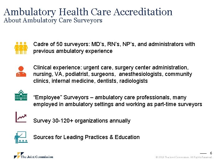 Ambulatory Health Care Accreditation About Ambulatory Care Surveyors Cadre of 50 surveyors: MD’s, RN’s,