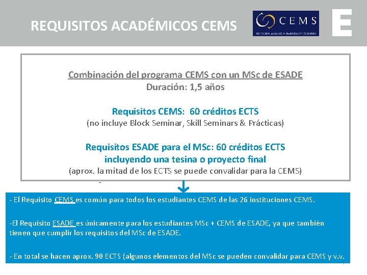 REQUISITOS ACADÉMICOS CEMS Combinación del programa CEMS con un MSc de ESADE Duración: 1,