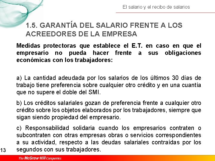 13 El salario y el recibo de salarios 1. 5. GARANTÍA DEL SALARIO FRENTE