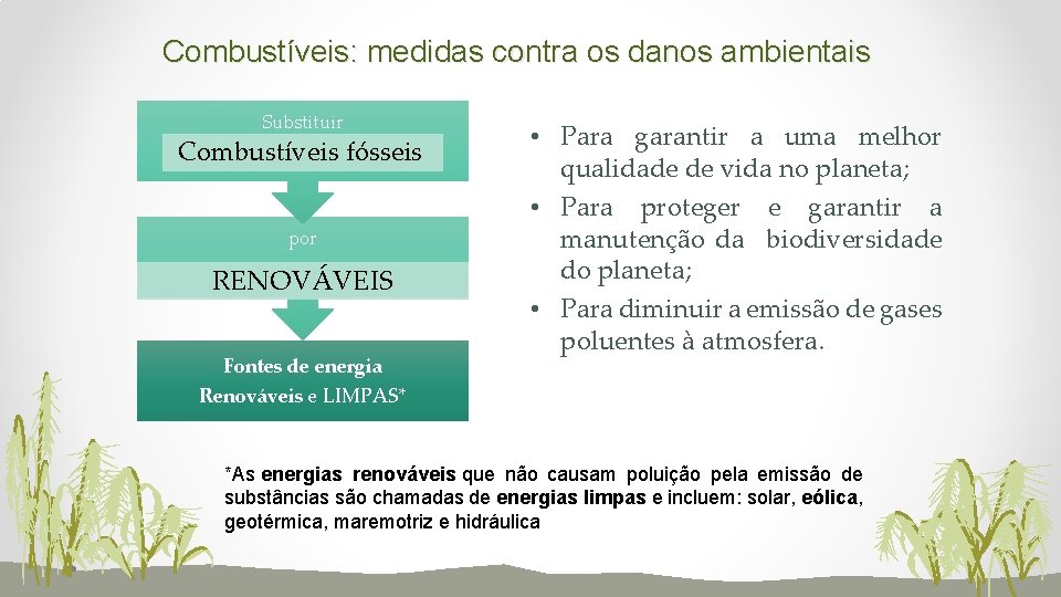 Combustíveis: medidas contra os danos ambientais Substituir Combustíveis fósseis por RENOVÁVEIS Fontes de energia