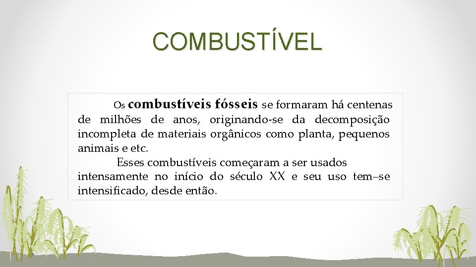 COMBUSTÍVEL Os combustíveis fósseis se formaram há centenas de milhões de anos, originando-se da