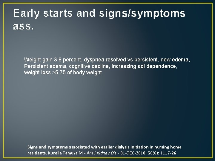 Early starts and signs/symptoms ass. Weight gain 3. 8 percent, dyspnea resolved vs persistent,