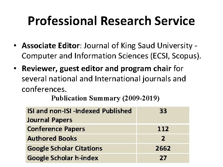 Professional Research Service • Associate Editor: Journal of King Saud University Computer and Information