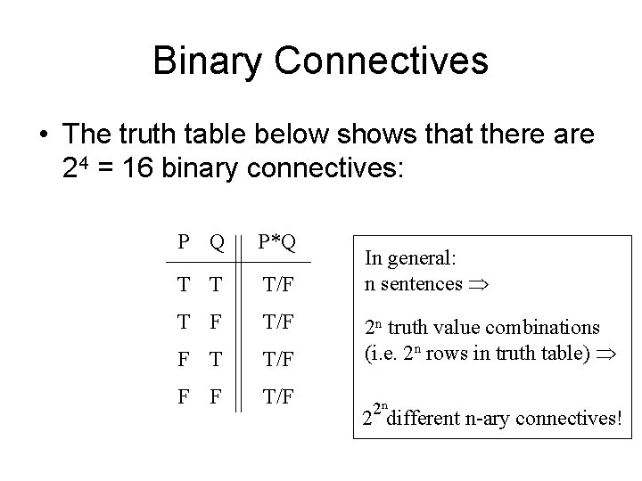 Binary Connectives • The truth table below shows that there are 24 = 16