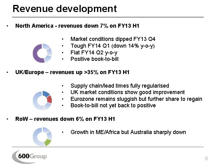 Revenue development • North America - revenues down 7% on FY 13 H 1