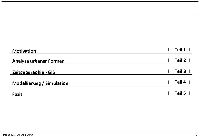 Motivation I Teil 1 I Analyse urbaner Formen I Teil 2 I Zeitgeographie -