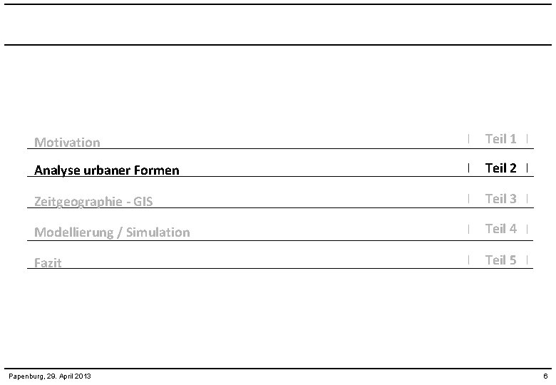 Motivation I Teil 1 I Analyse urbaner Formen I Teil 2 I Zeitgeographie -