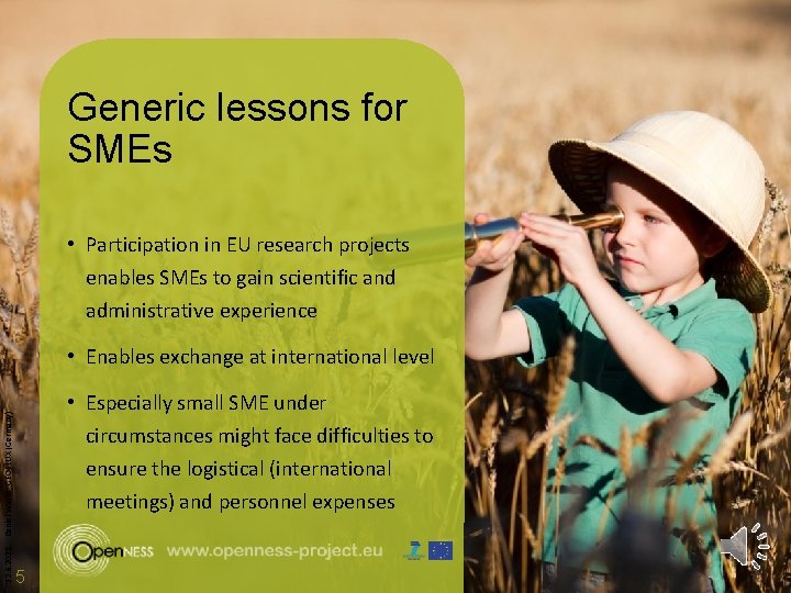 Generic lessons for SMEs • Participation in EU research projects enables SMEs to gain