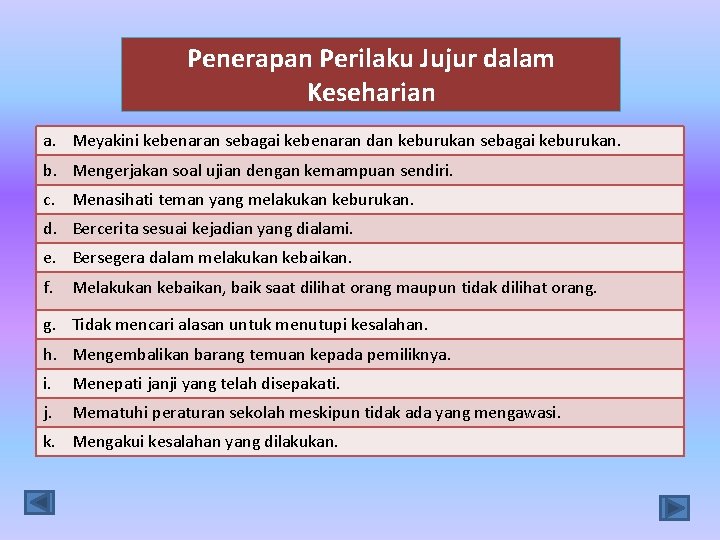 Penerapan Perilaku Jujur dalam Keseharian a. Meyakini kebenaran sebagai kebenaran dan keburukan sebagai keburukan.