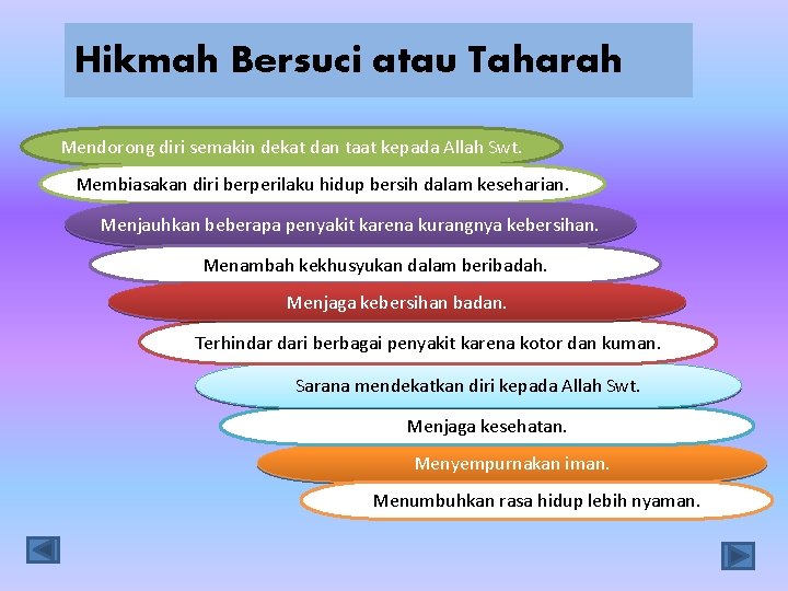 Hikmah Bersuci atau Taharah Mendorong diri semakin dekat dan taat kepada Allah Swt. Membiasakan