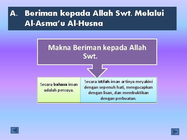 A. Beriman kepada Allah Swt. Melalui Al-Asma’u Al-Husna Makna Beriman kepada Allah Swt. Secara