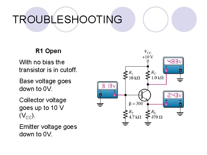 TROUBLESHOOTING R 1 Open With no bias the transistor is in cutoff. Base voltage