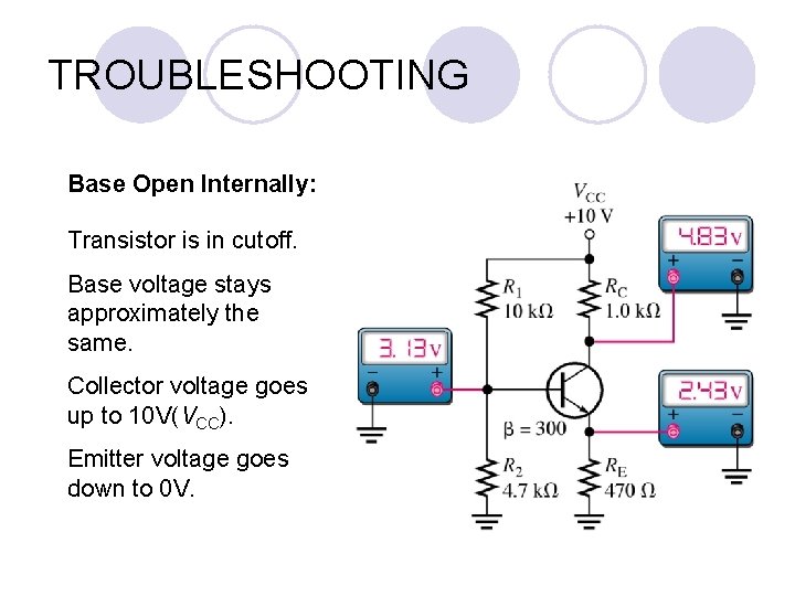TROUBLESHOOTING Base Open Internally: Transistor is in cutoff. Base voltage stays approximately the same.