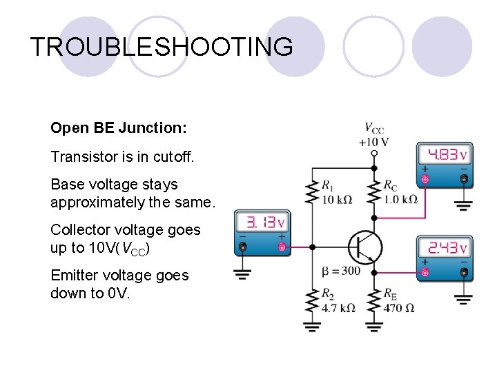 TROUBLESHOOTING Open BE Junction: Transistor is in cutoff. Base voltage stays approximately the same.