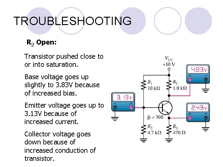 TROUBLESHOOTING R 2 Open: Transistor pushed close to or into saturation. Base voltage goes