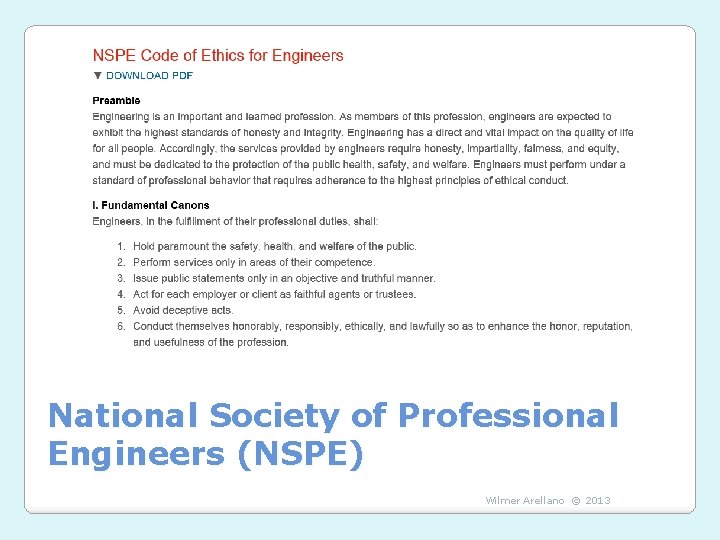 National Society of Professional Engineers (NSPE) Wilmer Arellano © 2013 