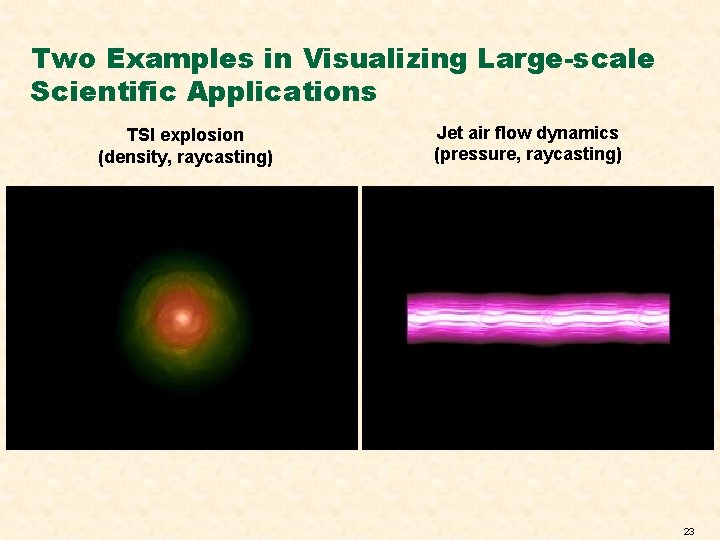 Two Examples in Visualizing Large-scale Scientific Applications TSI explosion (density, raycasting) Jet air flow