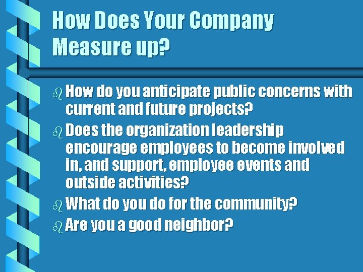 How Does Your Company Measure up? b How do you anticipate public concerns with