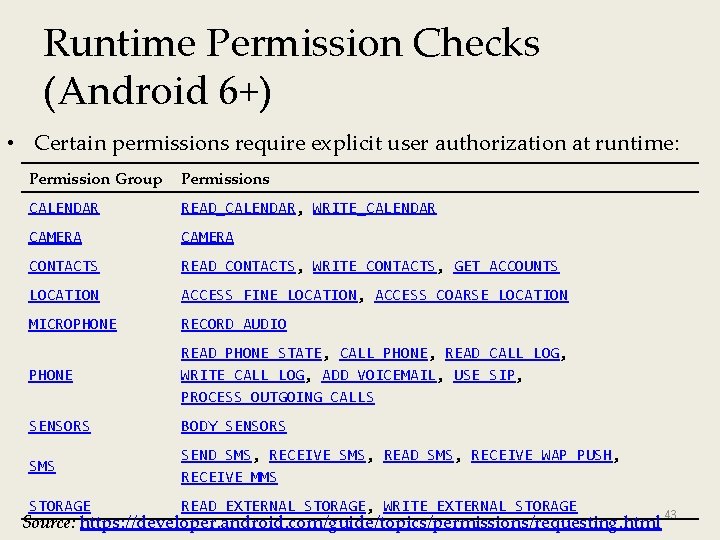 Runtime Permission Checks (Android 6+) • Certain permissions require explicit user authorization at runtime: