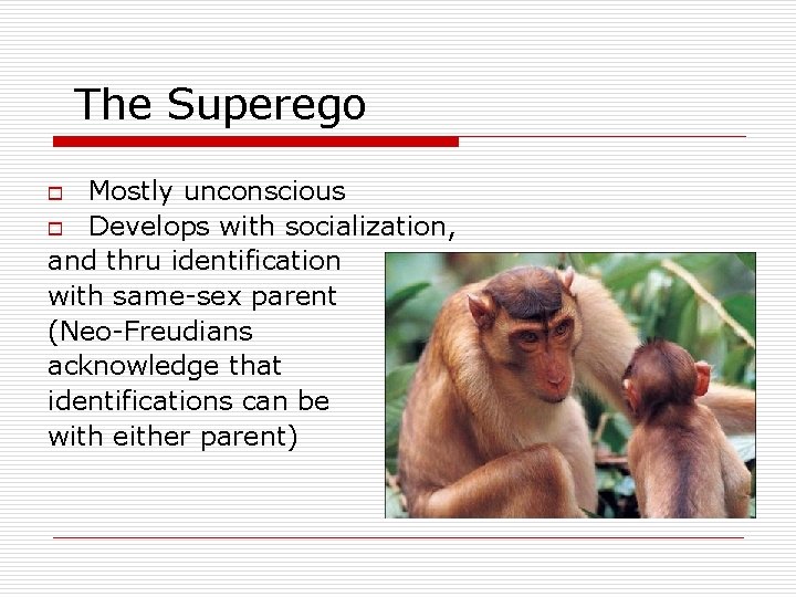 The Superego Mostly unconscious o Develops with socialization, and thru identification with same-sex parent