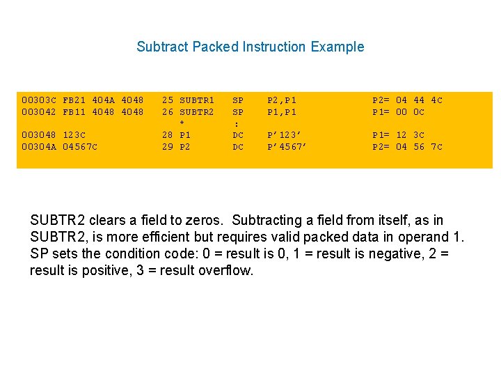 Subtract Packed Instruction Example 00303 C FB 21 404 A 4048 003042 FB 11