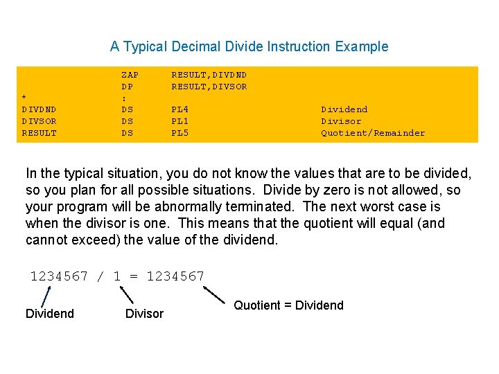 A Typical Decimal Divide Instruction Example * DIVDND DIVSOR RESULT ZAP DP : DS