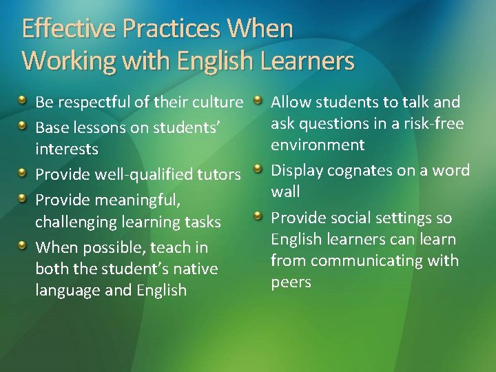 Effective Practices When Working with English Learners Be respectful of their culture Base lessons