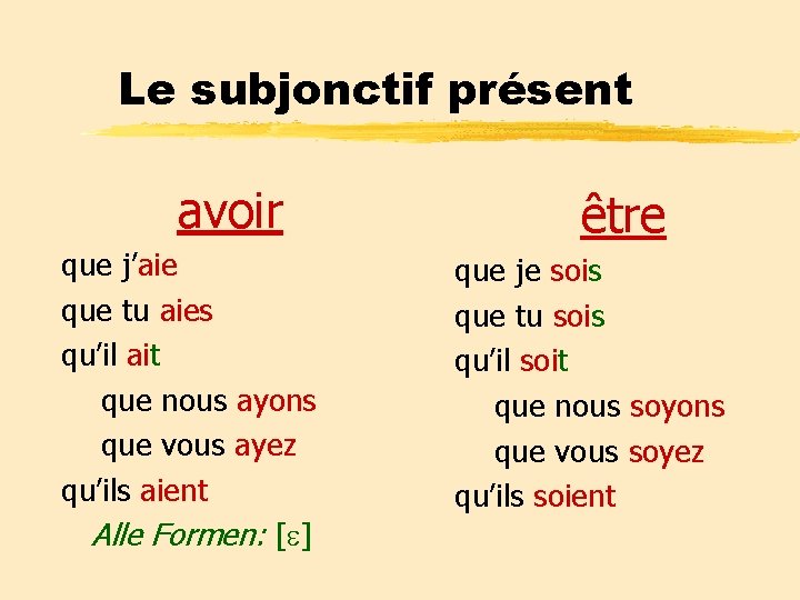 Le subjonctif présent avoir que j’aie que tu aies qu’il ait que nous ayons Le subjonctif présent avoir que j’aie que tu aies qu’il ait que nous ayons