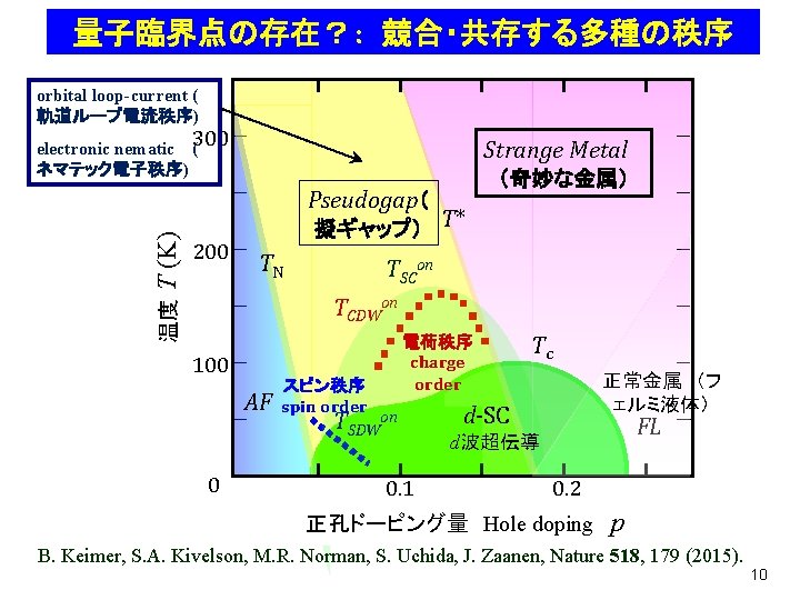 量子臨界点の存在？: 競合・共存する多種の秩序 orbital loop-current ( 軌道ループ電流秩序) electronic nematic 300 ( ネマテック電子秩序) Strange Metal （奇妙な金属）