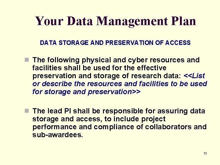 Your Data Management Plan DATA STORAGE AND PRESERVATION OF ACCESS n The following physical