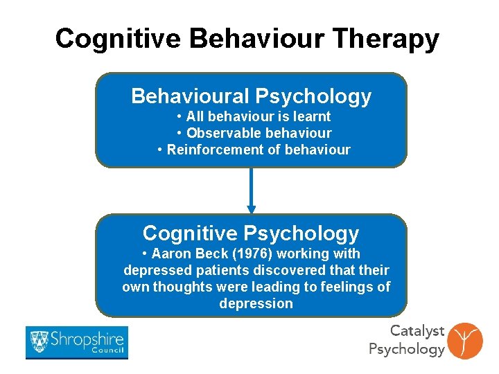 Cognitive Behaviour Therapy Behavioural Psychology • All behaviour is learnt • Observable behaviour •