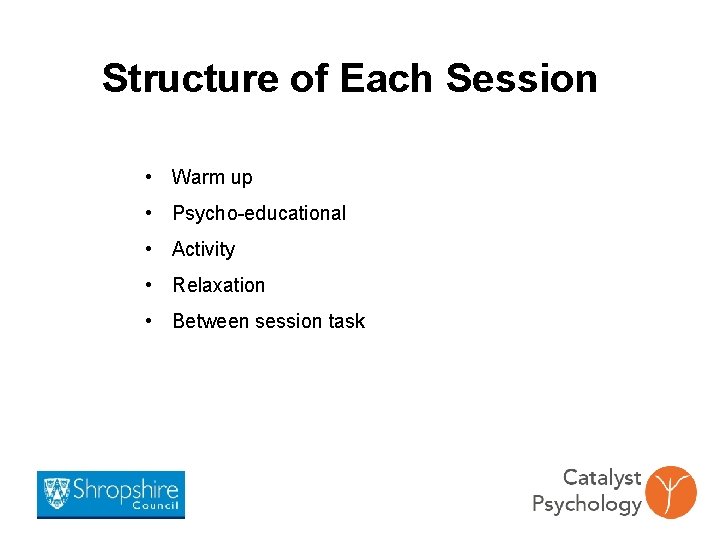 Structure of Each Session • Warm up • Psycho-educational • Activity • Relaxation •