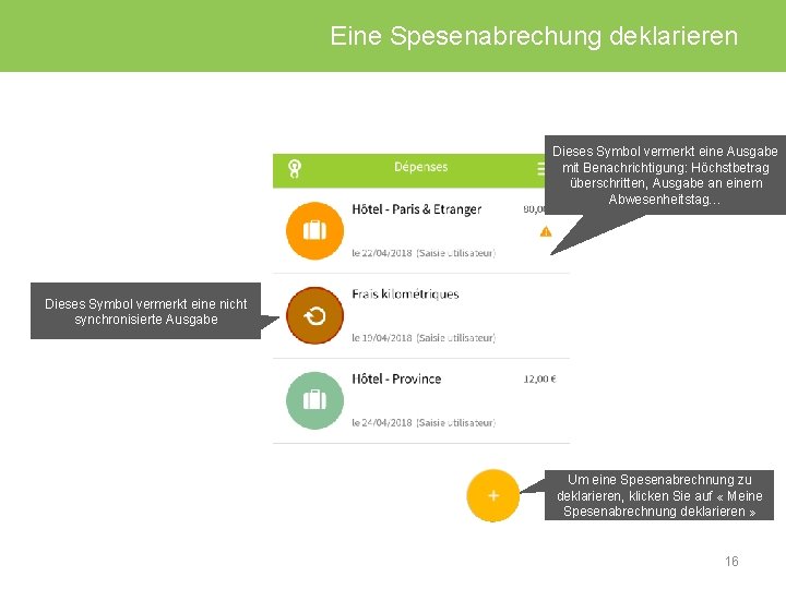 Eine Spesenabrechung deklarieren Dieses Symbol vermerkt eine Ausgabe mit Benachrichtigung: Höchstbetrag überschritten, Ausgabe an