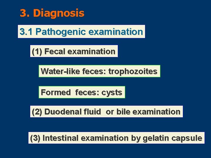 3. Diagnosis 3. 1 Pathogenic examination (1) Fecal examination Water-like feces: trophozoites Formed feces: