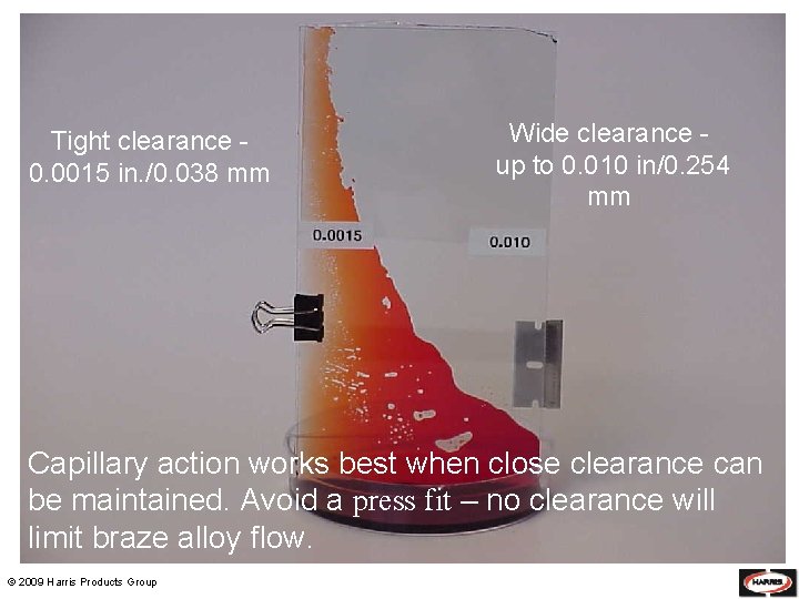 Tight clearance 0. 0015 in. /0. 038 mm Wide clearance up to 0. 010