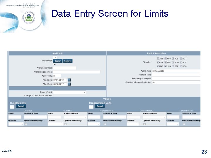 Data Entry Screen for Limits 23 